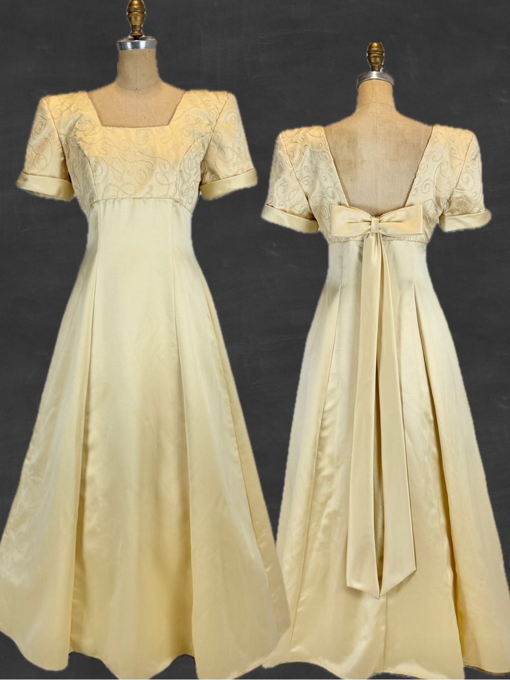 VINTAGE 80s buttercream pastel yellow satin formal gown prom dress beaded bow